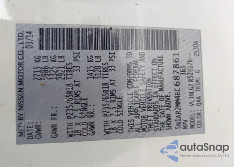 2014 Nissan Pathfinder Sl z USA, uszkodzony, nr VIN 5N1AR2MM4EC687861